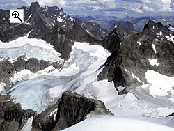 Looking down the glaciated east face of Store Ringstind